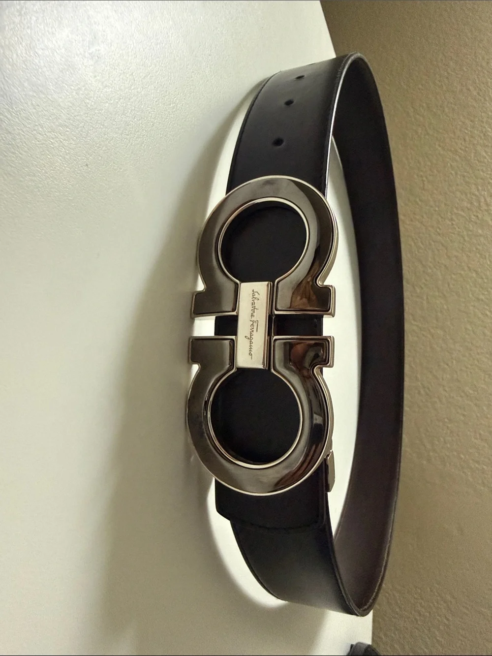 Salvatore Ferragamo Men's Black Leather Belt with Silver Buckle.